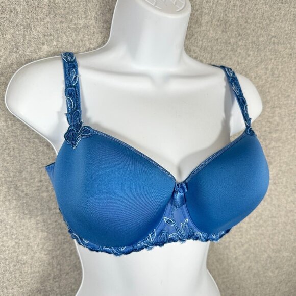 Simone Perele 34 Bra Underwired Blue Smooth Floral Mesh Bow Adjustable Straps - Picture 2 of 10